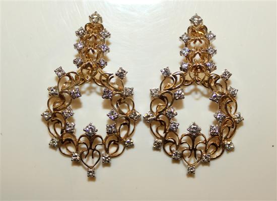 Pair 14K white & yellow gold diamond-set openwork clip earrings